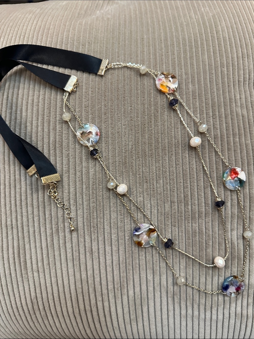 Chico's Gold-Tone Layered Necklace with Multicolor Glass Discs & Navy Ribbon